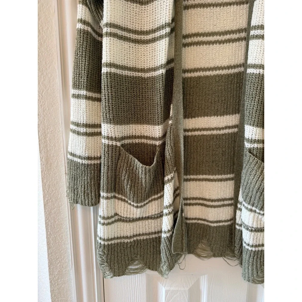 BKE Olive Striped Cardigan Distressed Hem Open Front‎ Boho Sweater Pockets S